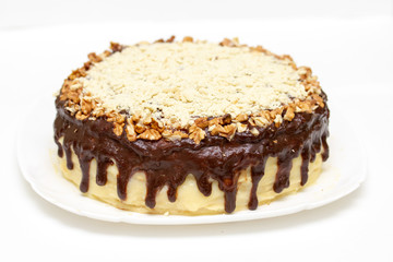 Delicious round cake with custard and chocolate icing