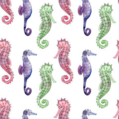 Seamless pattern with watercolor sea horses. Watercolor colorful seahorse background. Can be used for scrapbook, wallpaper, fabric print, web pages and fills.  © illustratrice Manu