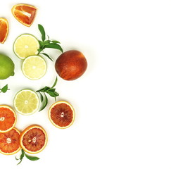 Red blood orange and lime fruits slices set isolated on white background. flat lay. top view. copy space