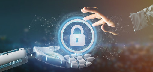 Cyborg hand holding a Technology security icon on a circle 3d rendering