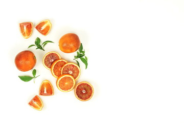 Red blood orange fruit slices set isolated on white background. flat lay. top view. copy space