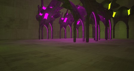 Abstract  Concrete Futuristic Sci-Fi Gothic interior With Yellow And Violet Glowing Neon Tubes . 3D illustration and rendering.