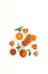 Red blood orange fruit slices set isolated on white background. flat lay. top view. copy space