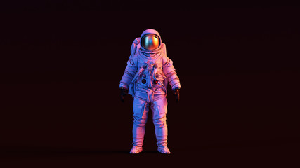 Astronaut with Gold Visor and White Spacesuit with Pink and Blue Moody 80s lighting Front 3d illustration 3d render © paul