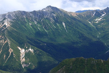 北アルプス薬師岳山頂からの山々　黒部源流と水晶岳（黒岳）