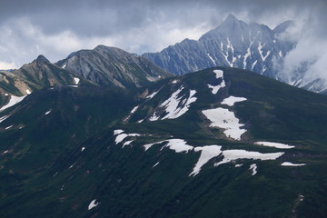 北アルプス薬師岳山頂からの山々　雲ノ平と槍ヶ岳