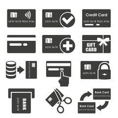 Monochrome vector illustration of a set Credit Cards icons, isolated on a white background.