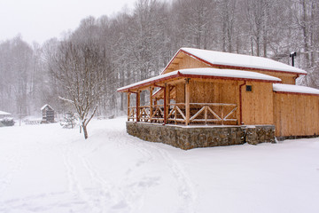 A wooden house in the snowy forest among trees