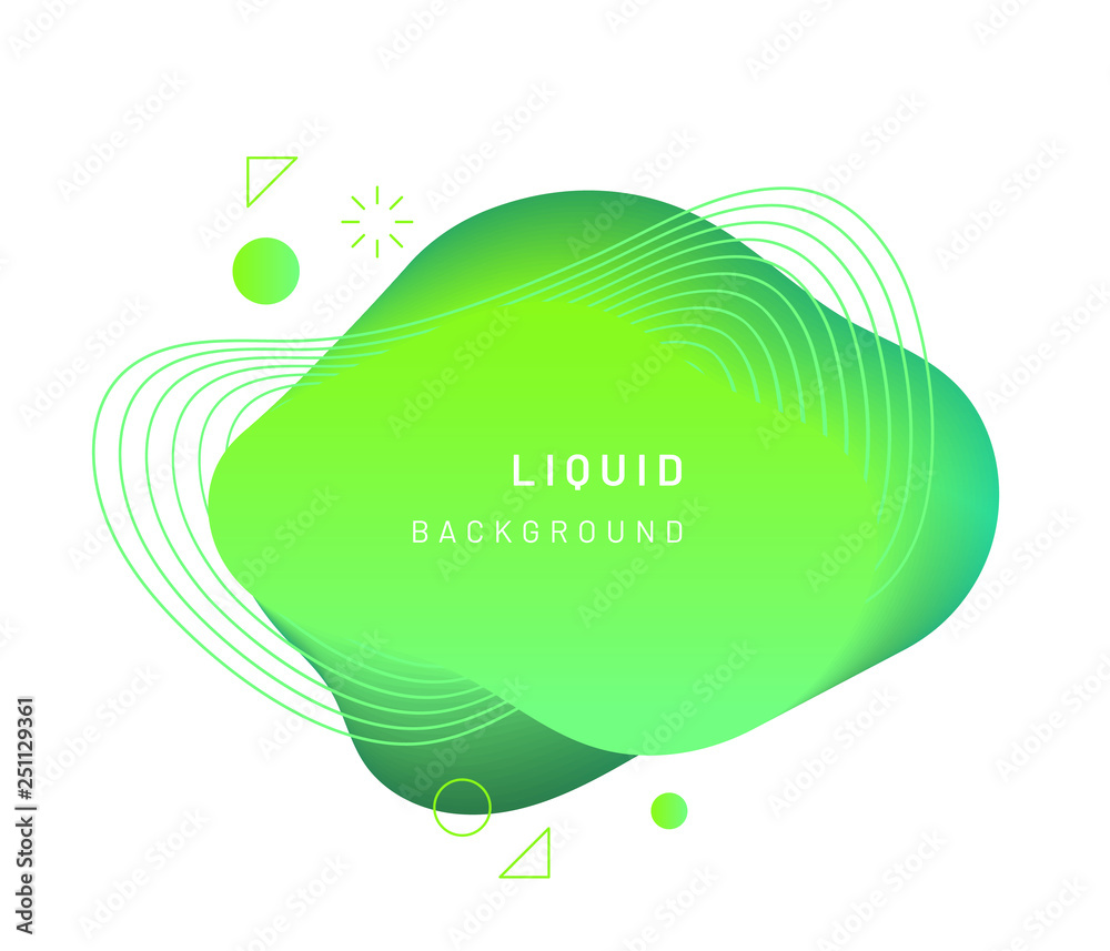 Aufkleber dynamic light on fluid blotch. Gradient liquid blob with circles, triangle and wavy lines. Modern abstract background for card design or logo template. Dynamical colored shapes