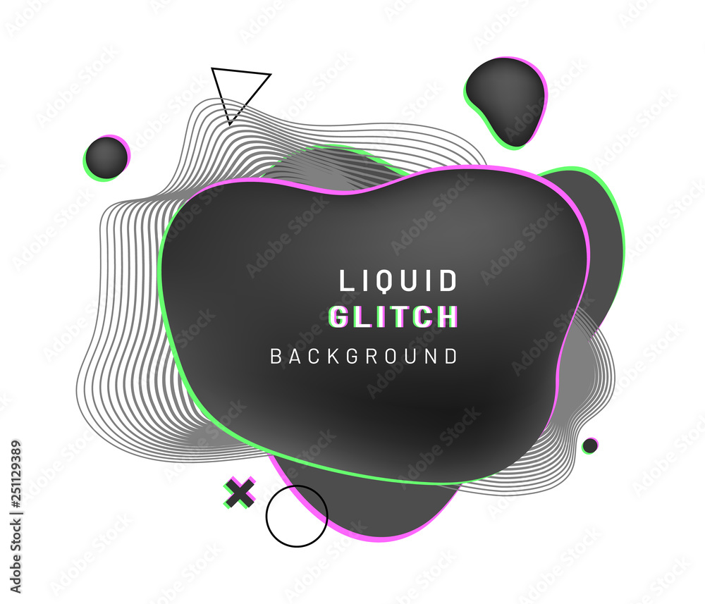 Poster Cover background with abstract liquid shape with glitch and blurry design. Black gradient fluid blob with dynamic wavy lines, circle, triangle. Overlap geometric composition for flyer or banner, logo