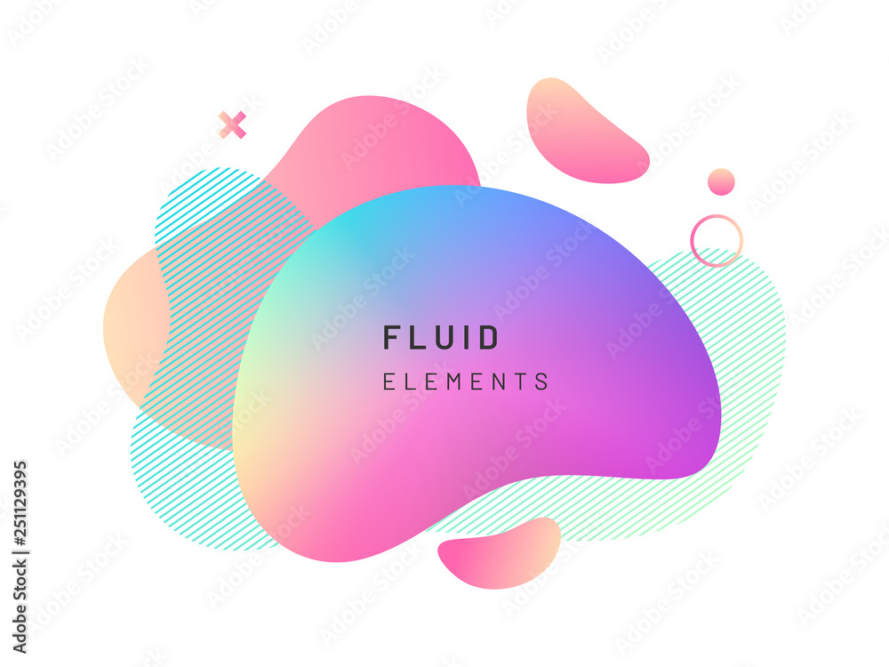 Poster Modern abstract geometric shape design. Liquid or fluid gradient colorful background with dynamic lines, cross. Splash or stain template for flyer design, halftone overlay bubbles. Logo, presentation