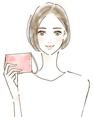 女性　イラスト　マスクを持つ　ウィルス対策　風邪予防