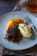 Scottish dish of haggis, neeps and tatties, meal served traditionaly on Burns night