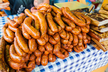Domestic Traditional Food Smoked Sausage At Local Farmer Marketplace