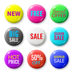 Sale badges buttons. Special offer shop button, red new badge and season sale sticker circle isolated vector set
