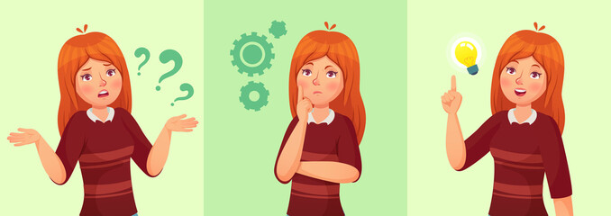 Teen girl think. Confused young female teenager, thoughtful girl student and answering question vector cartoon illustration © Tartila