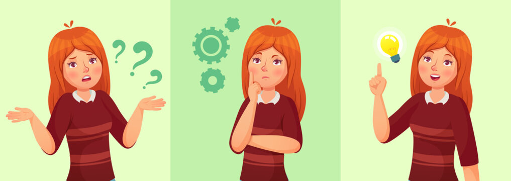 Teen girl think. Confused young female teenager, thoughtful girl student and answering question vector cartoon illustration