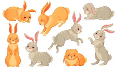 Papier Peint photo Lapins mignons Lapin de dessin animé. Animaux de compagnie lapins, lapins de pâques et petit lapin de printemps en peluche ensemble d& 39 illustrations vectorielles isolées