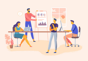 Business meeting. Office team skills presentation, company management and teamwork planning vector illustration