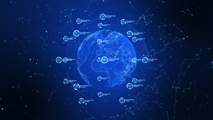Shield icon on secure global network, Technology network and cyber security concept. Protection for worldwide connections. Earth element furnished by Nasa