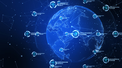 Shield icon on secure global network, Technology network and cyber security concept. Protection for worldwide connections. Earth element furnished by Nasa