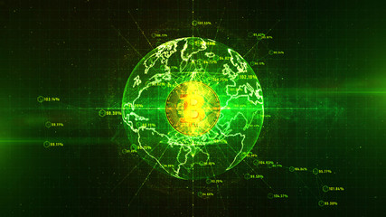 Bitcoin currency sign in digital cyberspace, Business and Technology Network Concept.