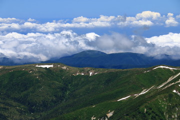 Fototapeta na wymiar 北アルプス水晶岳（黒岳）山頂からの山々　太郎平遠景