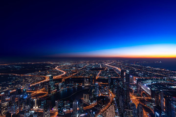 Bird view of Dubai skyline at magic hour