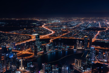 Fototapeta na wymiar Bird view of Dubai skyline at magic hour