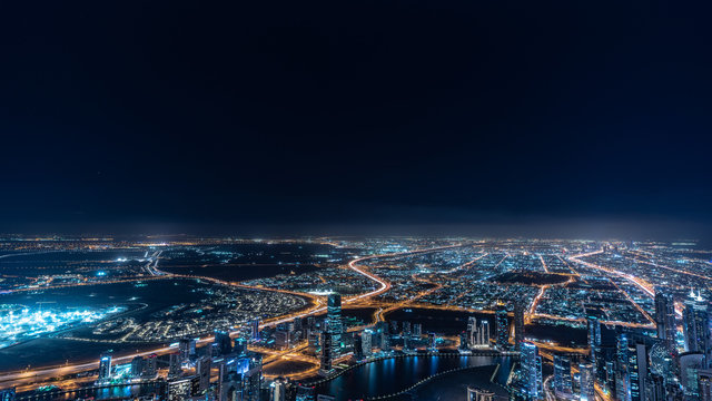 Bird View Of Dubai Skyline At Magic Hour