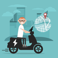 Young character riding an electric scooter and using a navigational app. Map and geo tag on city background.Flat cartoon design.Clip art