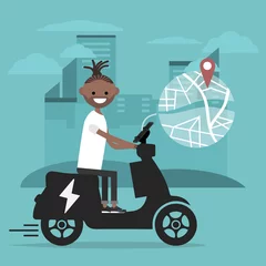Foto op Plexiglas Young character riding an electric scooter and using a navigational app. Map and geo tag on city background.Flat cartoon design.Clip art © Vlad