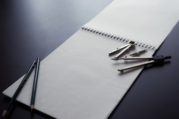White Paper and Black Background Draw Materials, Pencil, Compass, Ruler