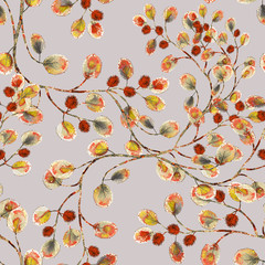 seamless pattern with leaves and flowers. floral design background. Watercolor illustration