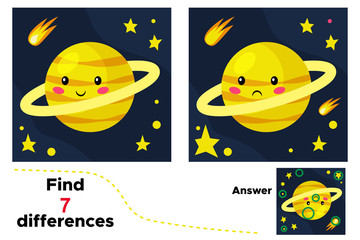 Cute cartoon Saturn. Educational game for children. Find 7 differences. Space theme. Vector illustration.