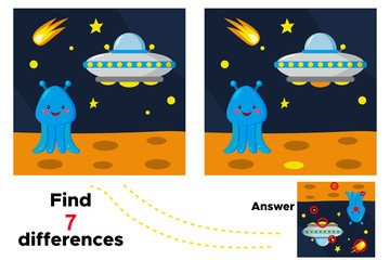 Cute cartoon alien and ufo on the planet. Educational game for children. Find 7 differences. Space theme. Vector illustration.