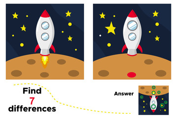 Cute cartoon rocket. Educational game for children. Find 7 differences. Space day. Vector illustration.