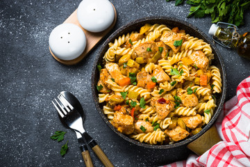 Pasta with Chicken and vegetables, top view.