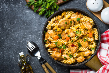 Pasta with Chicken and vegetables, top view.