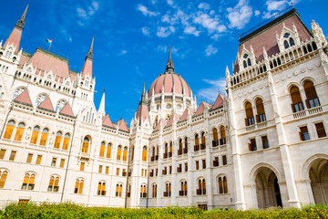 Fototapeta na wymiar Gothic facade of Parliament in Budapest, Hungary. Bright summer day. 