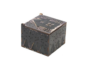 black box made of wood with a new year print on a white background