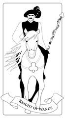 Outlines Page or knave of Wands with top hat, holding a rod surrounded by a garland of leaves and flowers. Minor arcana Tarot cards. Spanish playing cards coloring.
