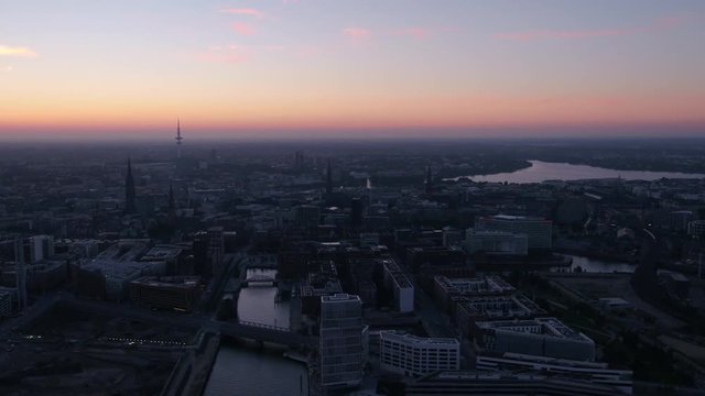 Aerial Germany Hamburg June 2018 Sunset 30mm 4K Inspire 2 Prores  Aerial video of downtown Hamburg in Germany at sunset.