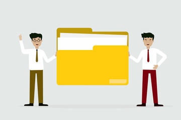 business man and friend with big yellow folder, flat animation design