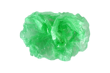 Green  plastic crumpled bag isolated on white