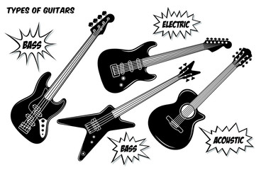 Electric, bass and acoustic guitar with 6 and 4 strings. Vector black and white silhouette illustration.
