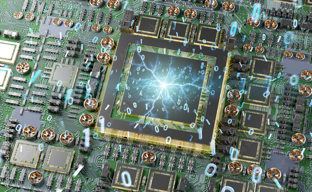 Aufkleber Close-up view of a modern GPU card with connections 3D rendering