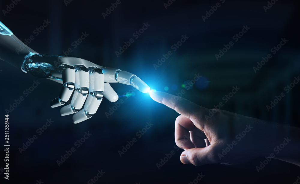 Wall mural robot hand making contact with human hand on dark background 3d rendering
