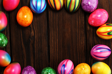 Row of Easter eggs on table. easter decoration