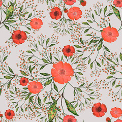 Seamless pattern with leaves and flowers. Floral background design. Watercolor illustration. The original pattern on the fabric. Red flowers. - 251138127